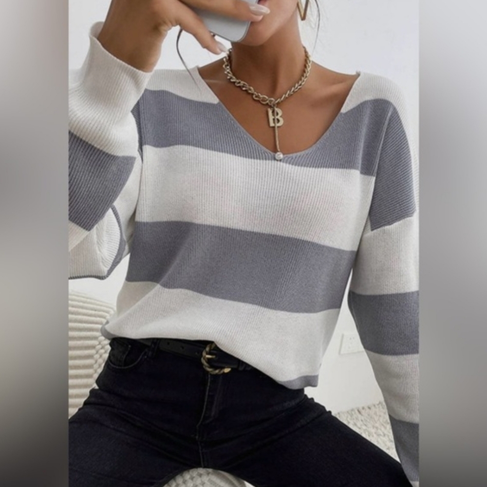 Striped Gray and White Women's Sweater